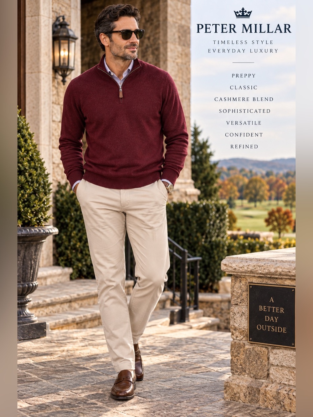 Peter Millar Men’s L Burgundy Cashmere Blend Quarter Zip Sweater Preppy